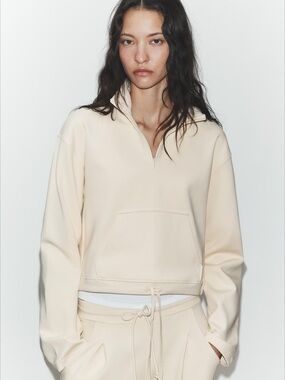 Zara Cream Half-Zip Drawstring Pullover Hoodie